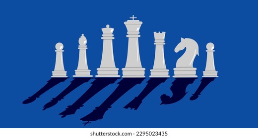 Chess pieces on a blue background with long shadows in a trendy style.