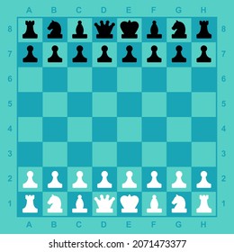 Chess pieces on the board. Vector. Ready-made complete set for the game, mobile application. Professional demo chess. Black and white shapes on a blue background. Illustration for print and web.