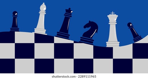 Chess pieces on a chessboard in a creative style on a blue background.