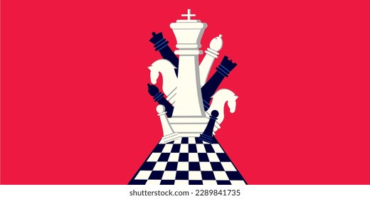 Chess pieces on a chessboard in a creative style on a red background.