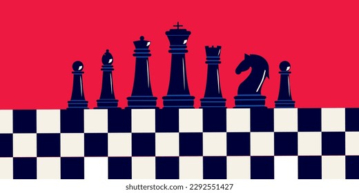 Chess pieces on a chessboard in a creative style on a red background.