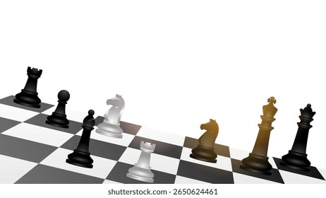 Chess pieces on chessboard design illustration, realistic vector of chess pieces, king, queen, bishop, knight, rook, and pawn with blank background copy space for replacement text