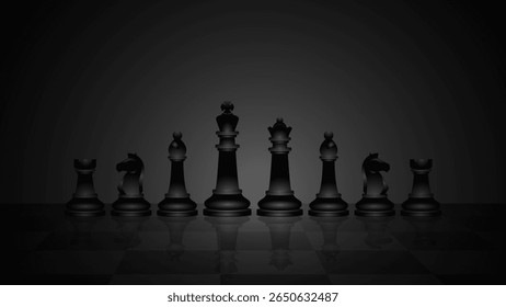 Chess pieces on chessboard design illustration, realistic vector of chess pieces, king, queen, bishop, knight, rook, and pawn with blank black background copy space for replacement text