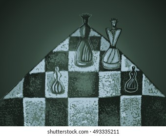 Chess pieces on a chessboard. Hand drawn vector illustration in abstract style. Dramatic light.