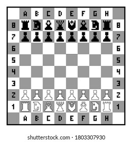 Chess pieces on the chessboard. Pixel art chess set. Chess game. Black and white vector illustration.