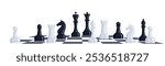 Chess pieces on chessboard. Playing chess. Sports and intellectual game, strategy. Queen, king, bishop, knight, rook pawn Vector illustration