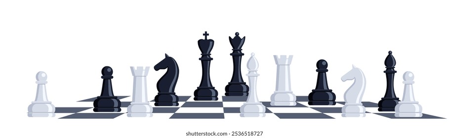 Chess pieces on chessboard. Playing chess. Sports and intellectual game, strategy. Queen, king, bishop, knight, rook pawn Vector illustration