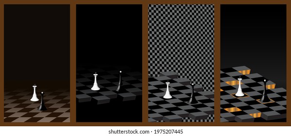 Chess pieces on a chessboard. Set of decorative backgrounds. Modern screen vector design for mobile app