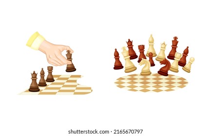 Chess pieces on chessboard set. People playing intellectual strategic board game vector illustration