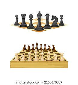 Chess pieces on chessboard set. Intellectual strategic board game vector illustration