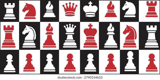 Chess pieces on a striking black and white checkerboard game .A captivating visual arrangement of classic red and white