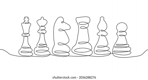 Chess pieces one line set art. Continuous line drawing of Pawn, Bishop, Knight, Rook, Queen, King.