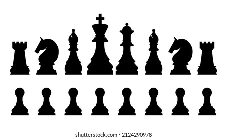 Chess pieces in outline and silhouette style. Set for a board game of chess. King, queen, bishop, knight, rook, pawn flat vector icons. Chess pieces black and white. Team with chess pieces. 