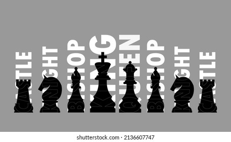 Chess pieces in outline and silhouette style. Set for a board game of chess. King, queen, bishop, knight, rook, pawn flat vector icons. Chess pieces black and white. Team with chess pieces. 