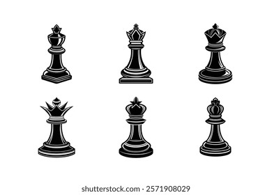 Chess pieces in outline and silhouette style. Set for a board game 