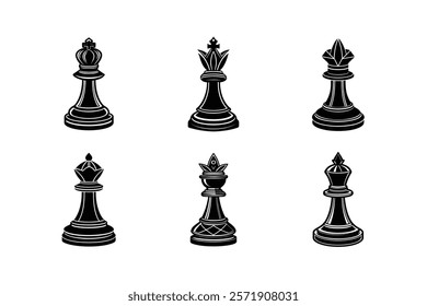 Chess pieces in outline and silhouette style. Set for a board game 