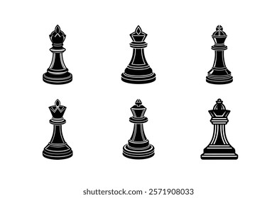 Chess pieces in outline and silhouette style. Set for a board game 