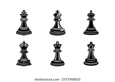 Chess pieces in outline and silhouette style. Set for a board game 