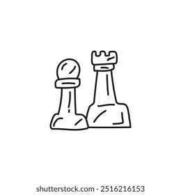 Chess pieces pawn and rook black and white doodle art illustration