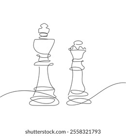 Chess pieces queen and king continuous one line drawing. Chess figure, play, strategy, concept. Chess game. Vector illustration isolated on a white background.