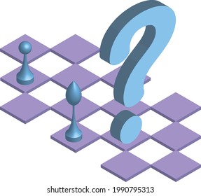 chess pieces and question mark in isometric view on white background