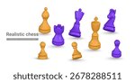Chess Pieces Realistic 3D Render in Purple and Gold Colors, Dynamic Composition with Shadows on White Background. Vector Illustration.