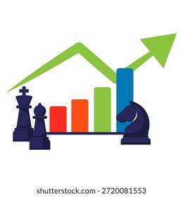 Chess pieces representing strategy are placed before a bar chart and an upward trending arrow, symbolizing business growth and success.