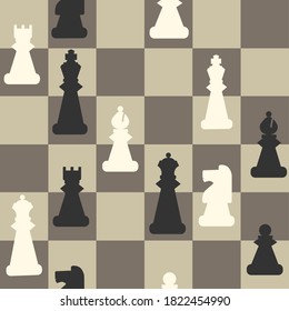 Chess pieces seamless pattern. Black and white figures on cage field ancient strategy game developing logic decorative vintage art with beautiful textures logic battle vector competition.