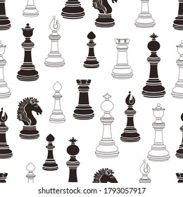 Chess pieces seamless pattern, chessmen flat black and white drawing, silhouette. Figures pawn, king, queen, bishop, knight, rook on white background, for fabric design, wallpaper. Vector illustration