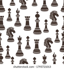 Chess pieces seamless pattern, chessmen flat black and white drawing, silhouette. Figures pawn, king, queen, bishop, knight, rook on white background, for fabric design, wallpaper. Vector illustration