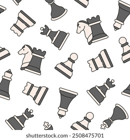 Chess pieces. Seamless pattern. Hand drawn style. Vector drawing. Design ornaments.