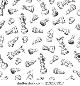 Chess pieces seamless pattern on a white background. Sketch. Vector hand-drawn background.