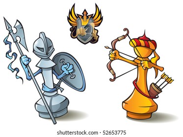 Chess pieces series, black and white pawns, Crusaders vs. Saracens, including bonus "Chess Battle" heraldic emblem, vector illustration