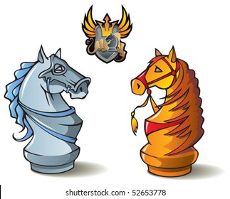 Chess pieces series, black and white knights, Crusaders vs. Saracens, including bonus "Chess Battle" heraldic emblem, vector illustration