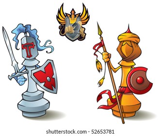 Chess pieces series, black and white bishops, Crusaders vs. Saracens, including bonus "Chess Battle" heraldic emblem, vector illustration