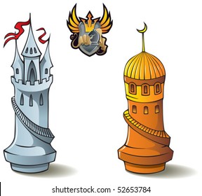 Chess pieces series, black and white rooks, Crusaders vs. Saracens, including including bonus "Chess Battle" heraldic emblem, vector illustration