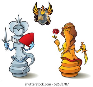 Chess pieces series, black and white queens, Crusaders vs. Saracens, including bonus "Chess Battle" heraldic emblem, vector illustration