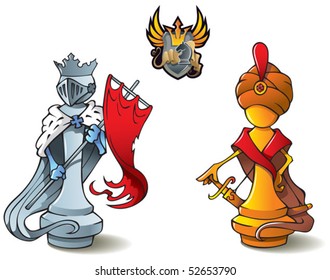 Chess pieces series, black and white kings, Crusaders vs. Saracens, including bonus "Chess Battle" heraldic emblem, vector illustration