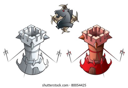 Chess pieces series, black and white rooks, Dark Ages and fantasy, including chess horse emblem, vector illustration