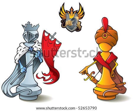 Chess pieces series, black and white kings, Crusaders vs. Saracens, including bonus "Chess Battle" heraldic emblem, vector illustration