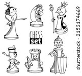 Chess pieces set, cartoon characters, live chess, coloring book, illustration for children's chess club