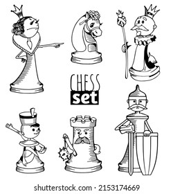 Chess pieces set, cartoon characters, live chess, coloring book, illustration for children's chess club