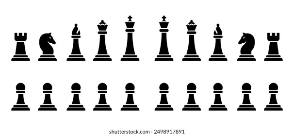 Chess pieces set. Collection of graphic elements for website. Sports and intellectual game, strategy. Queen, king, horse and pawn. Cartoon flat vector illustrations isolated on white background