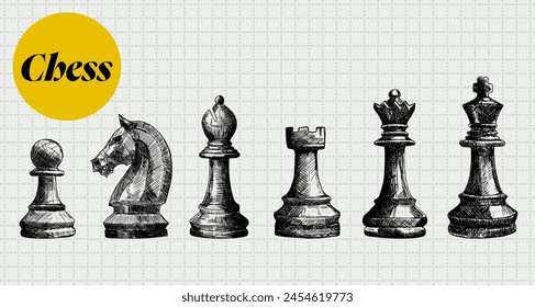 chess pieces set collection with hand drawn ink sketch vector line art illustration pawn queen rook knight bishop king modern trendy poster template design on cell background