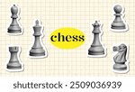chess pieces set concept template design with retro grunge halftone dotted king queen rook knight bishop pawn collage elements on vintage paper noise texture background