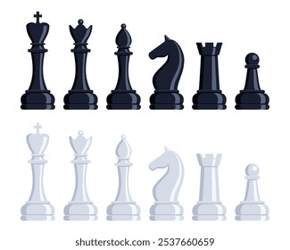 Chess pieces, set of elements. Sports and intellectual game, strategy. Queen, king, bishop, knight rook pawn Vector illustration