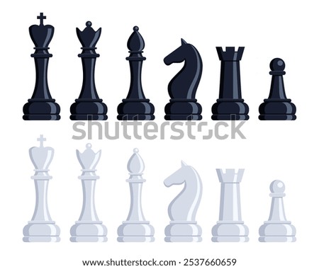 Chess pieces, set of elements. Sports and intellectual game, strategy. Queen, king, bishop, knight rook pawn Vector illustration