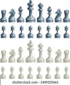 Chess pieces set icons in an 8 bit pixel video game art style