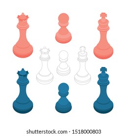 Chess pieces set. Chess king, queen and pawn vector illustrations set. Part of set.