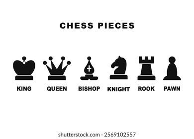 Chess pieces set. King, queen, bishop, knight, rook, pawn. Black silhouettes isolated on white background. Chess pictogram. Set of icons.